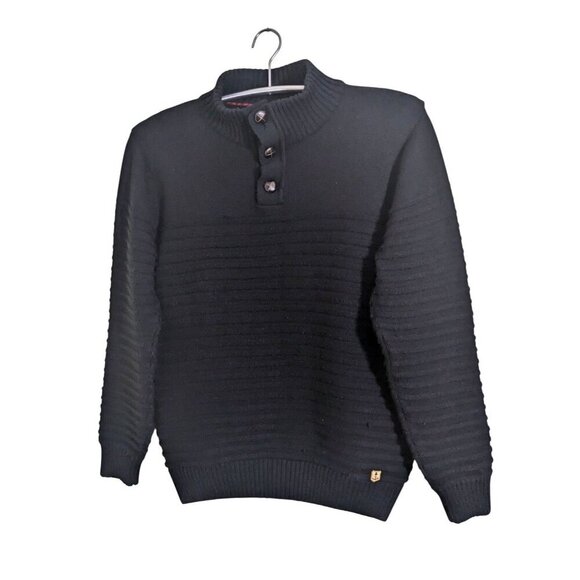 Armor Lux Wool Blend Pullover Sweater Mens M Black Button Up Mock Neck Ribbed - Picture 1 of 7